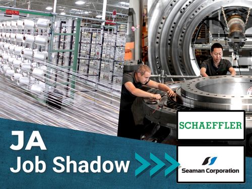 image of machinists with text overlay reading ja job shadow and schaeffler logo