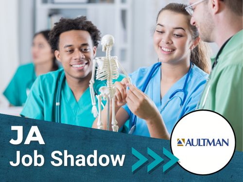 image of medical students with text overlay reading ja job shadow and aultman logo