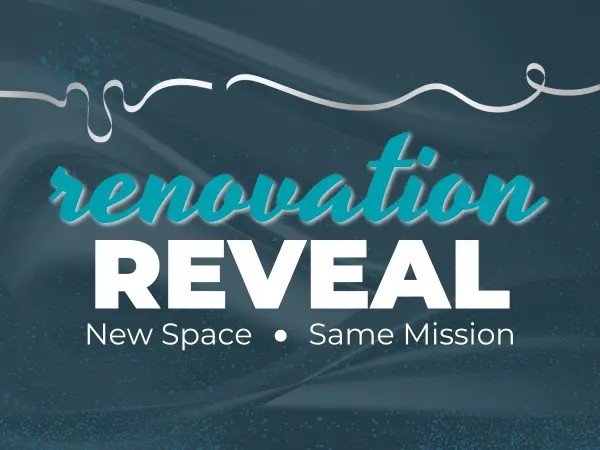 ribbon image with renovation reveal text overlay